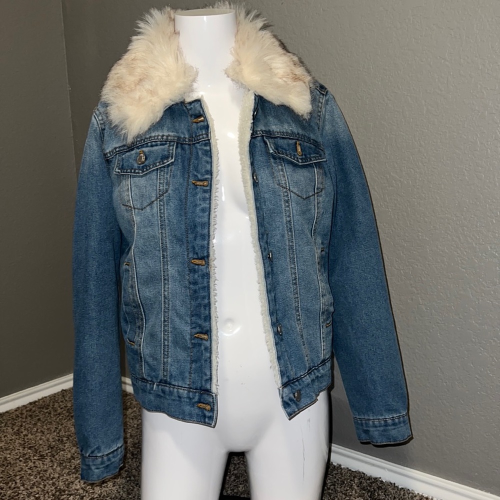 Blue Jean Winter Coat, Faux Fur Neck, Cotton Interior, Size Medium